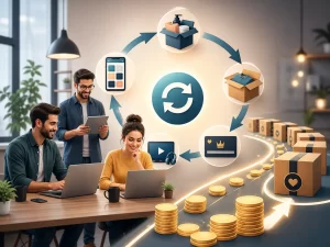 Een moderne visualisatie van ondernemers die via abonnementen, leveringen en digitale diensten een stabiele inkomstenstroom opbouwen.
