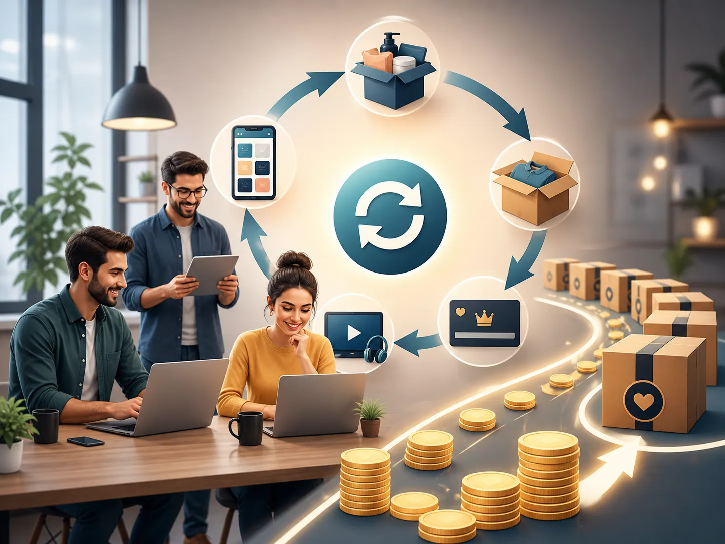 Een moderne visualisatie van ondernemers die via abonnementen, leveringen en digitale diensten een stabiele inkomstenstroom opbouwen.