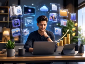 Een moderne ondernemer bouwt online inkomsten op met kennis, bestanden en digitale waarde.
