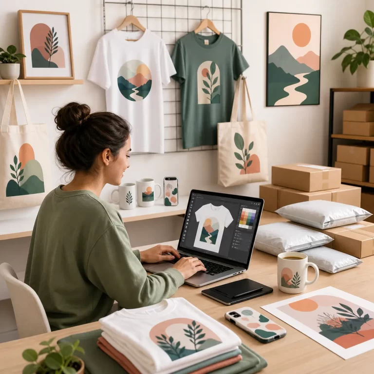 Een thuiswerkplek voor een online print-on-demand business met gepersonaliseerde producten en verzendklare bestellingen.