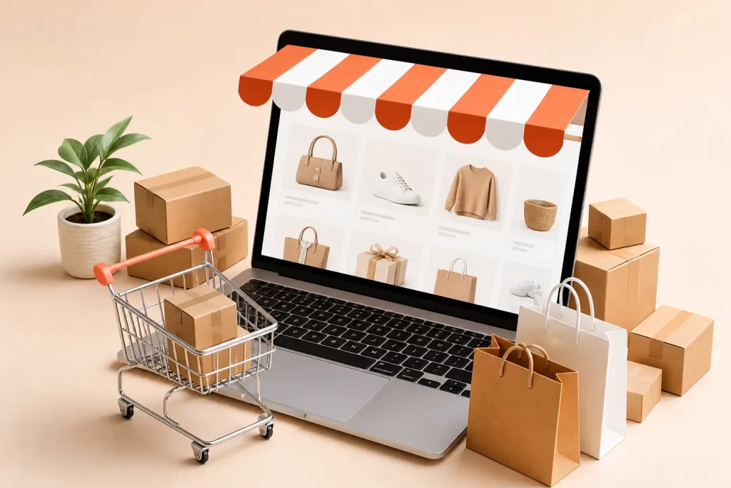 Een moderne online winkel met producten, pakketjes en winkelwagen, perfect voor slimme e-commerce inspiratie.