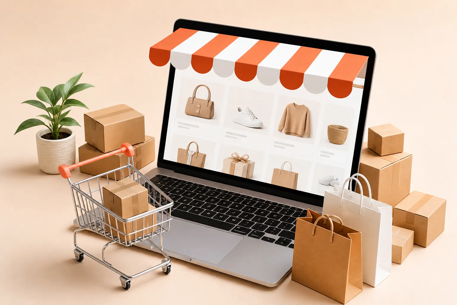Een moderne online winkel met producten, pakketjes en winkelwagen, perfect voor slimme e-commerce inspiratie.