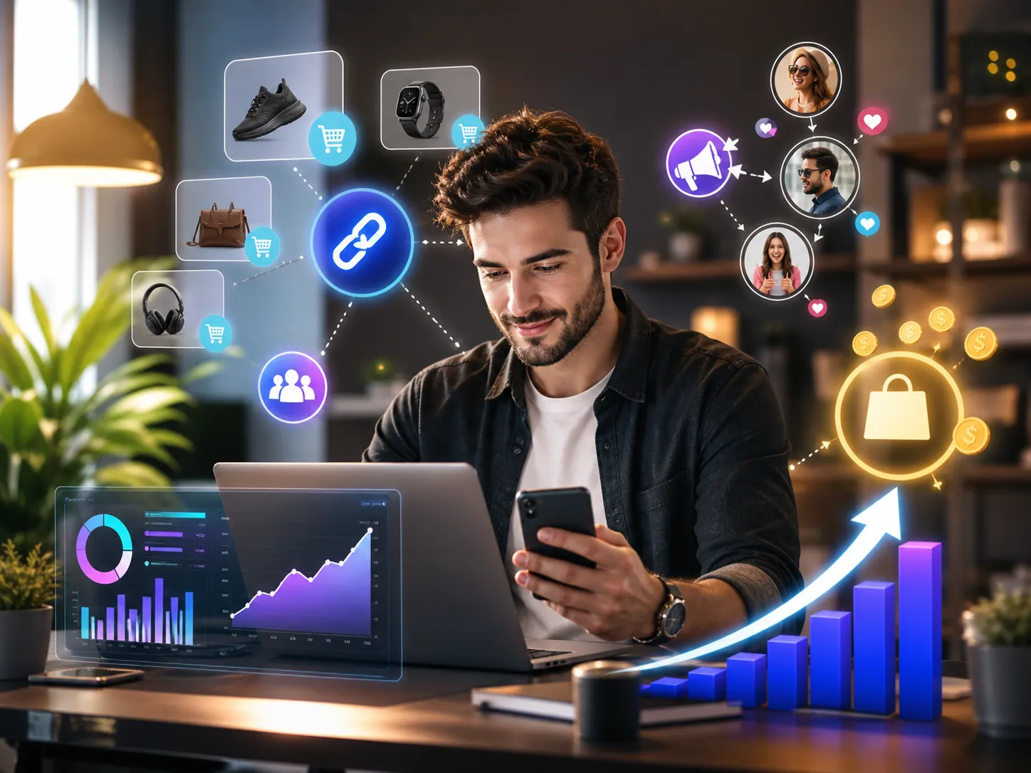 Een moderne ondernemer bouwt online inkomsten op via productpromotie, slimme links en digitale groei.