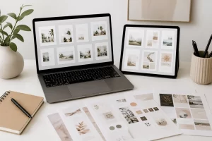 Een rustige werkplek met laptop, tablet en stijlvolle digitale voorbeelden voor een online templatebedrijf.