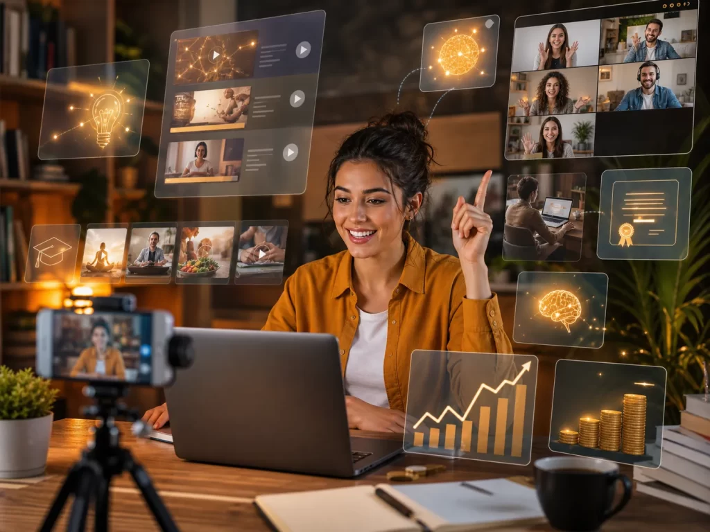Een ondernemer deelt haar kennis via digitale lessen en bouwt zo een winstgevende online onderneming.