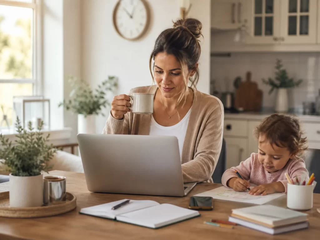Een drukke ouder bouwt thuis stap voor stap aan een flexibel bedrijf, terwijl gezin en werk rustig samenkomen.