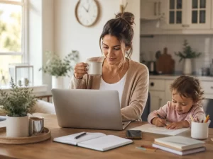 Een drukke ouder bouwt thuis stap voor stap aan een flexibel bedrijf, terwijl gezin en werk rustig samenkomen.
