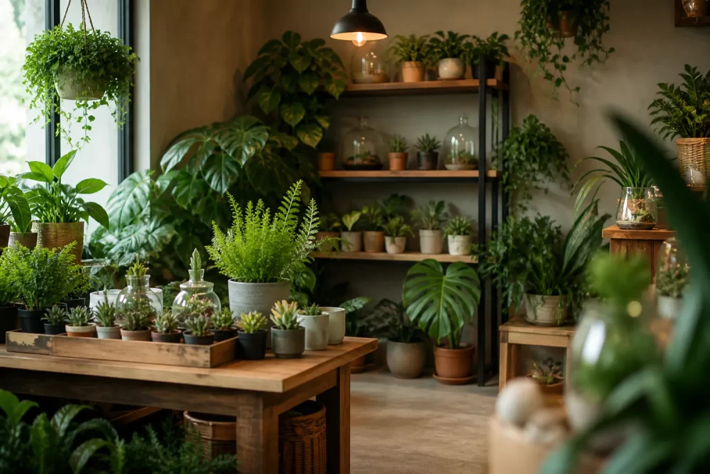 Een rustige plantenwinkel vol weelderig groen en warme houten accenten, badend in zacht natuurlijk licht.