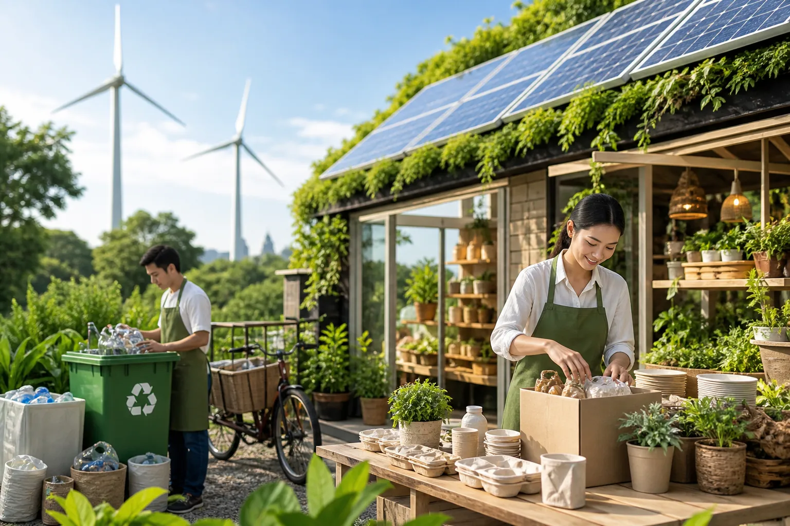 Een duurzaam bedrijfsconcept met focus op hernieuwbare energie en milieuvriendelijke oplossingen.