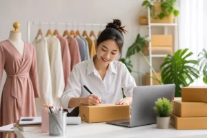 Een inspirerende vrouw runt haar eigen creatieve bedrijf vanuit een stijlvolle thuiswerkplek.