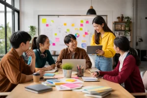 Jonge studenten werken samen aan een creatief bedrijfsidee in een moderne studieomgeving.