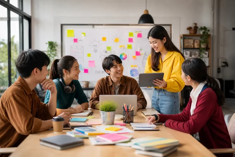 Jonge studenten werken samen aan een creatief bedrijfsidee in een moderne studieomgeving.