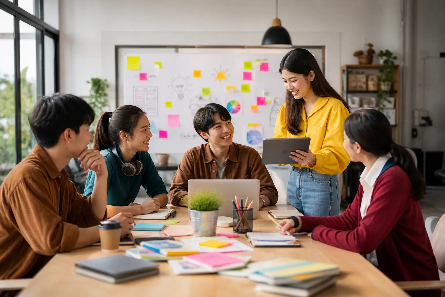 Jonge studenten werken samen aan een creatief bedrijfsidee in een moderne studieomgeving.