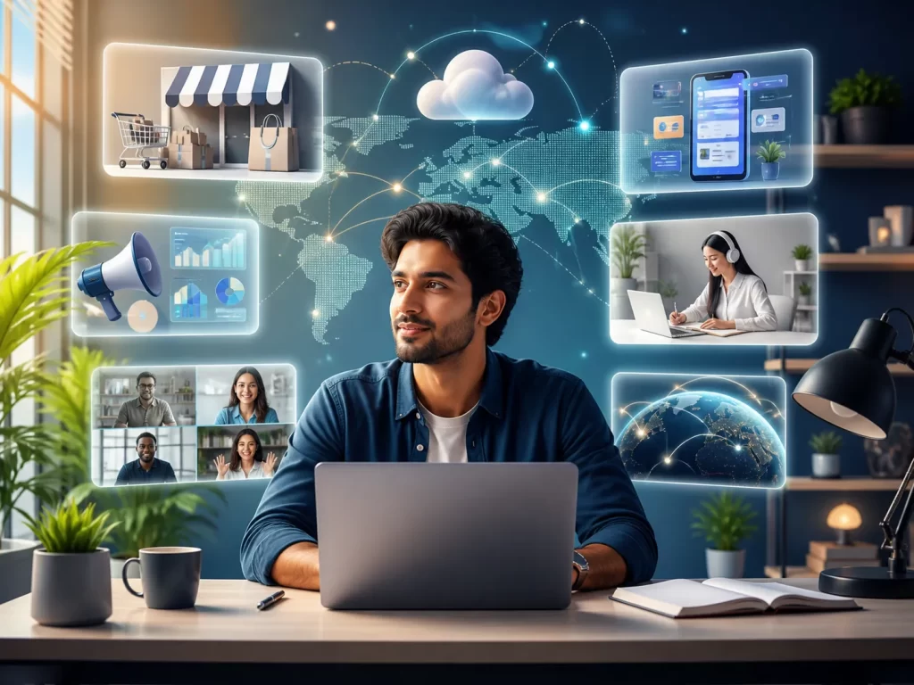 : Een moderne ondernemer ontdekt online groeimogelijkheden via e-commerce, marketing, apps en wereldwijde samenwerking.