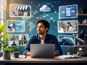 : Een moderne ondernemer ontdekt online groeimogelijkheden via e-commerce, marketing, apps en wereldwijde samenwerking.