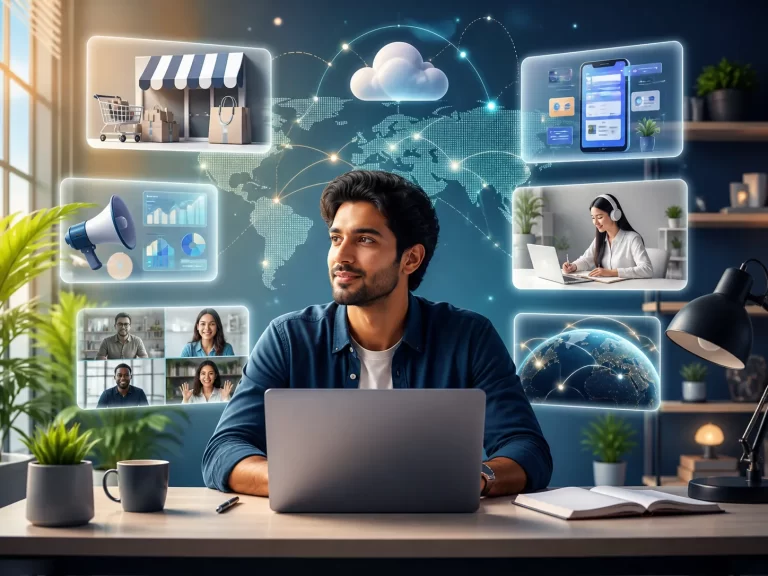: Een moderne ondernemer ontdekt online groeimogelijkheden via e-commerce, marketing, apps en wereldwijde samenwerking.