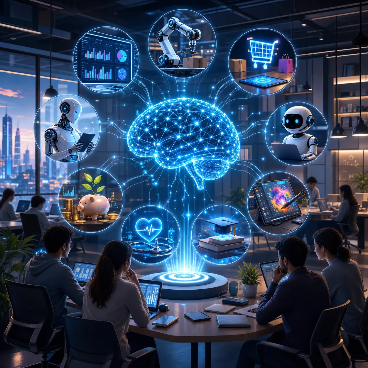 Futuristische AI-innovatie met slimme oplossingen voor automatisering, data, zorg, onderwijs en e-commerce.