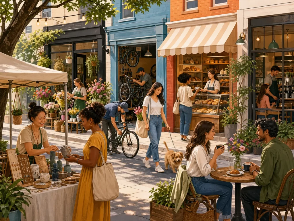 Een warme straat vol kleine bedrijven, creatieve makers en buurtbewoners die samen lokaal ondernemen.