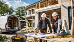 Twee zelfstandige bouwprofessionals bekijken bouwtekeningen op een actieve bouwplaats met gereedschap, werkbus en een huis in aanbouw.