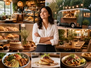 Inspirerende horeca-concepten met een café, bakkerij, foodtruck en restaurant in een warme, moderne sfeer.