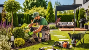 Een professionele tuinier onderhoudt een groene, verzorgde tuin met planten, gereedschap en buitenruimte.