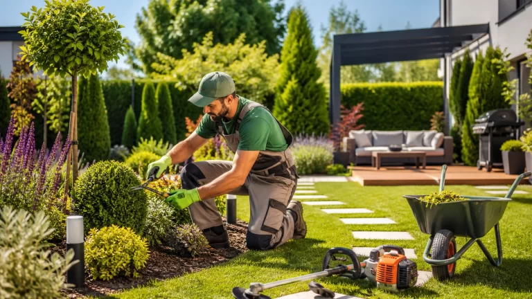 Een professionele tuinier onderhoudt een groene, verzorgde tuin met planten, gereedschap en buitenruimte.