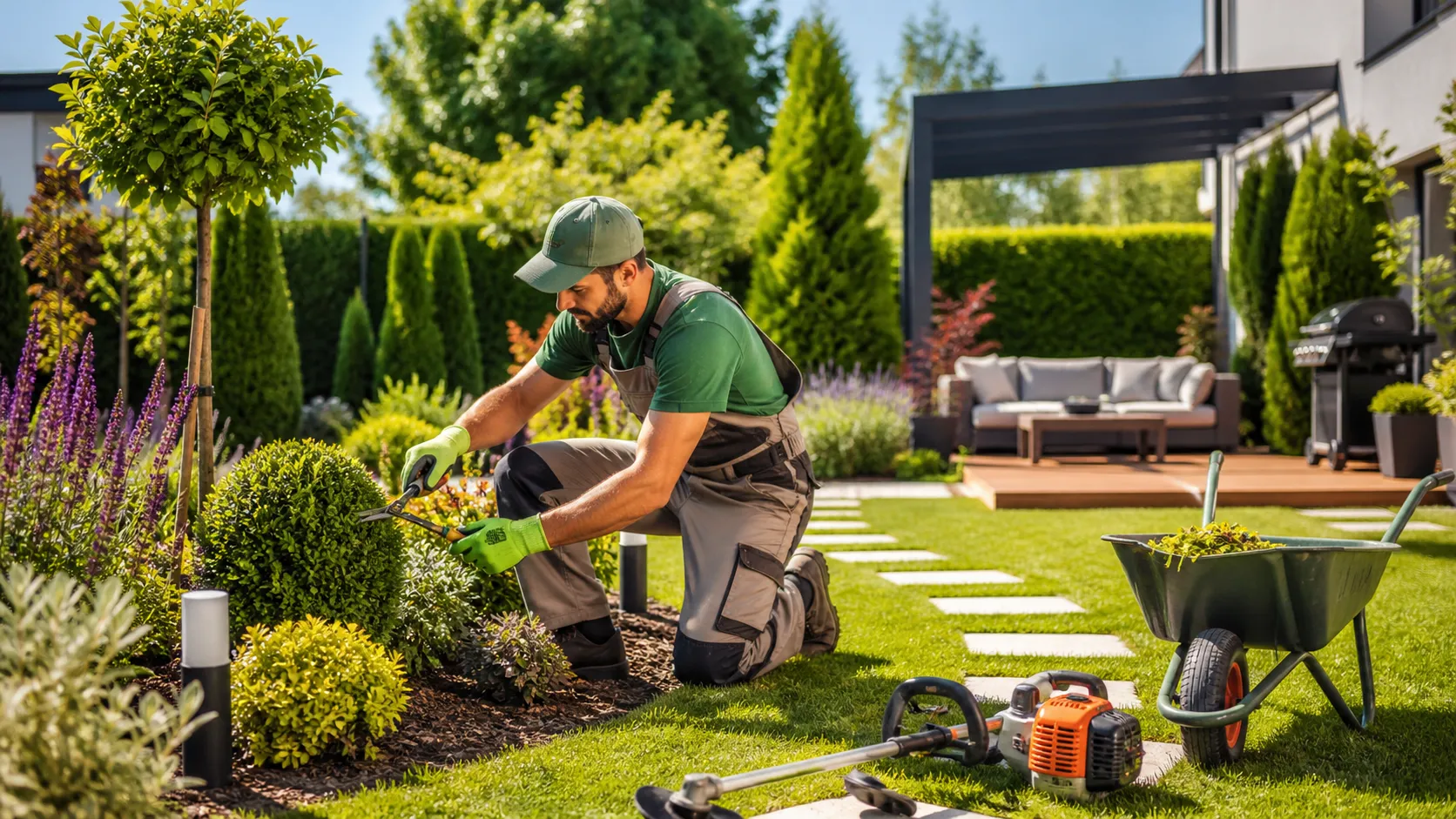 Een professionele tuinier onderhoudt een groene, verzorgde tuin met planten, gereedschap en buitenruimte.