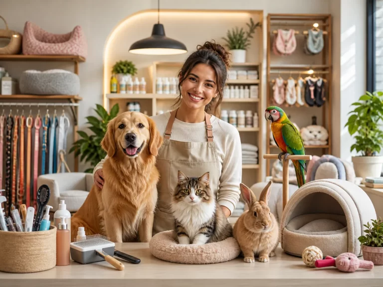 Een warme, professionele dierenzorgstudio met gelukkige huisdieren en een vriendelijke ondernemer.